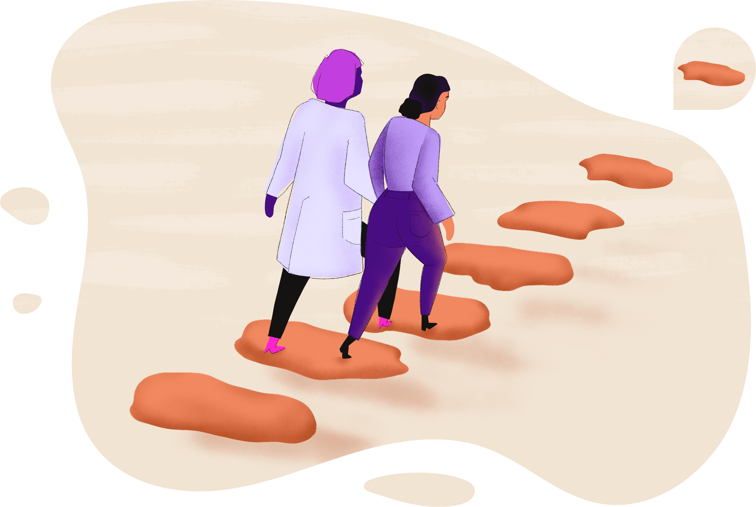 Illustration in vivid colors depicting a doctor guiding a patient up set of surreal floating stairs towards a brighter future.