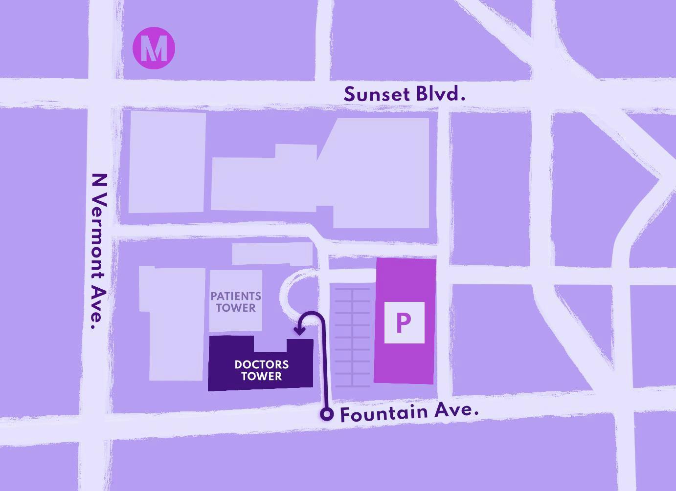 Map of the office location. To find our office, enter the hospital campus from Fountain Ave. Parking lot will be to your right.  Main entrance to Doctors’ Tower is on your left.