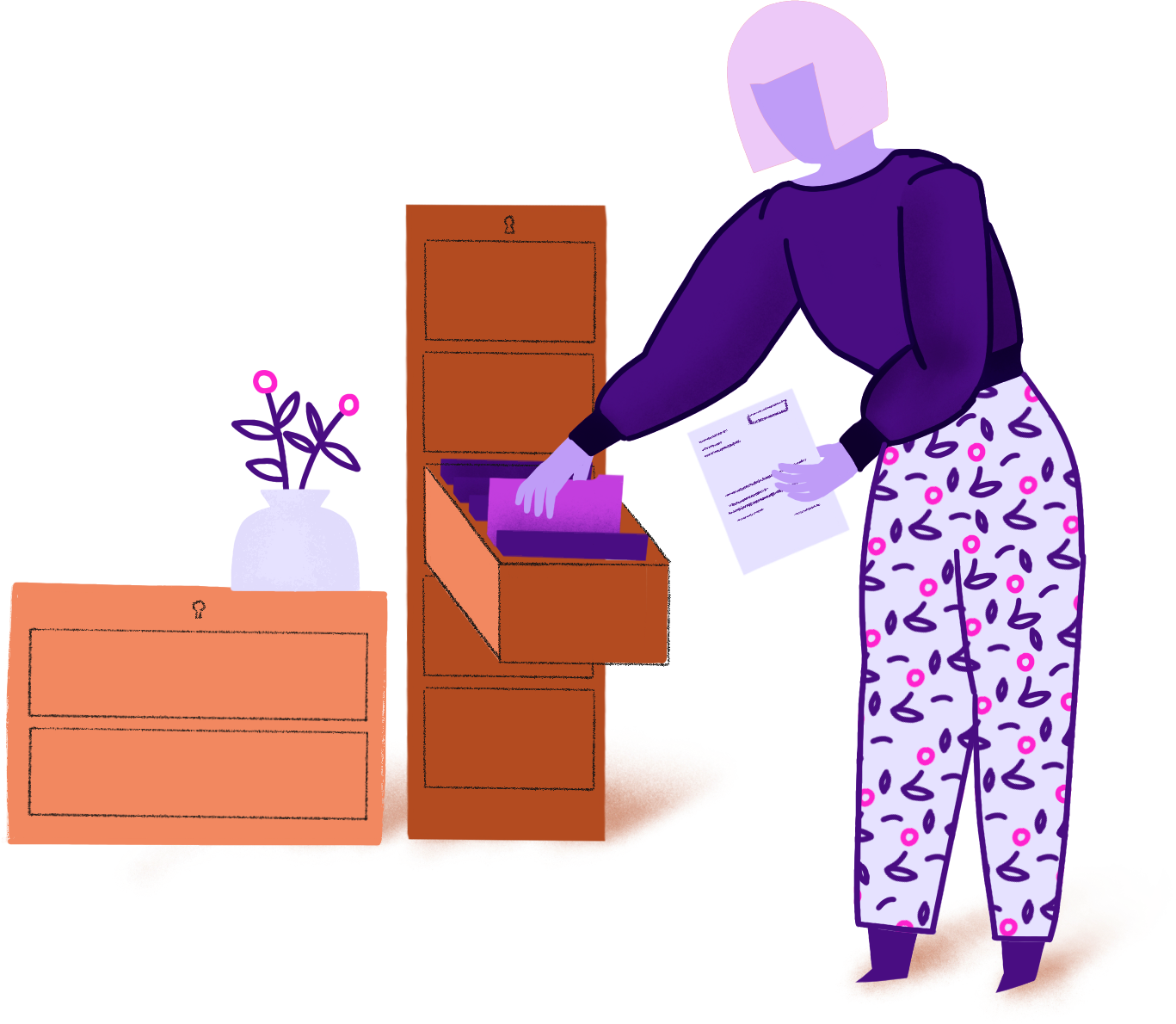 Illustration depicting a person searching for documents in a filing cabinet